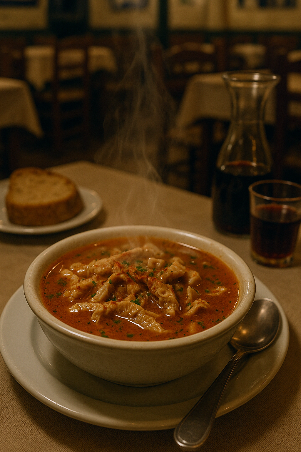 A steaming bowl of Greek patsas
